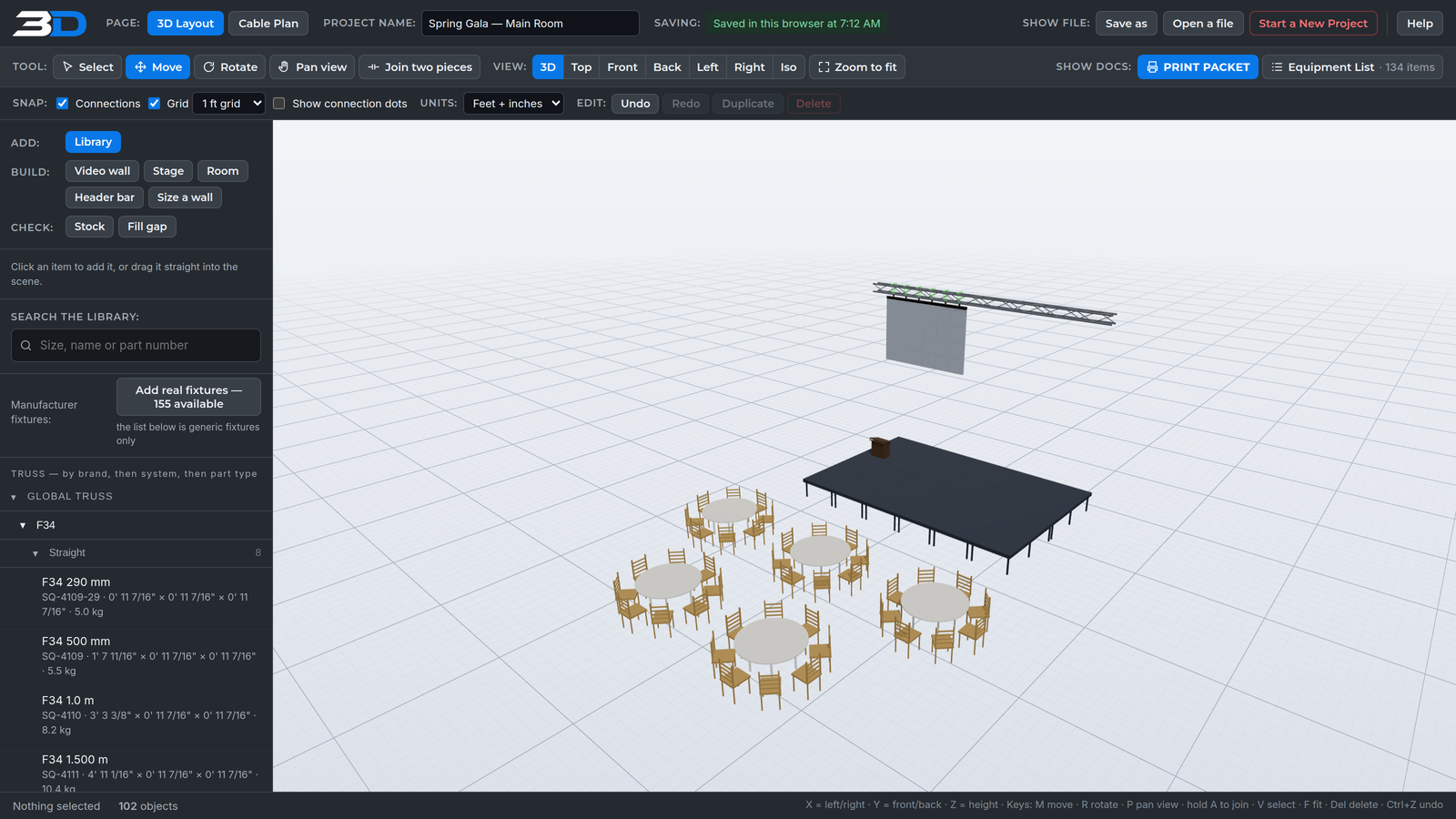 3D Event Builder: the toolbar, the parts library on the left, and a stage, a hung LED wall and round tables with chairs in the 3D view